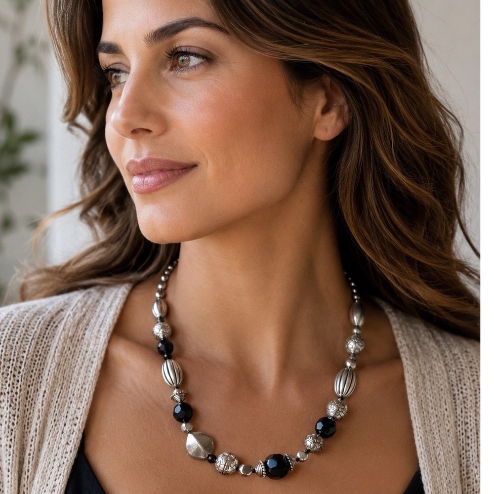 Napier Silver Tone Black Beaded Statement Necklace Chunky Mixed Metal Geometric